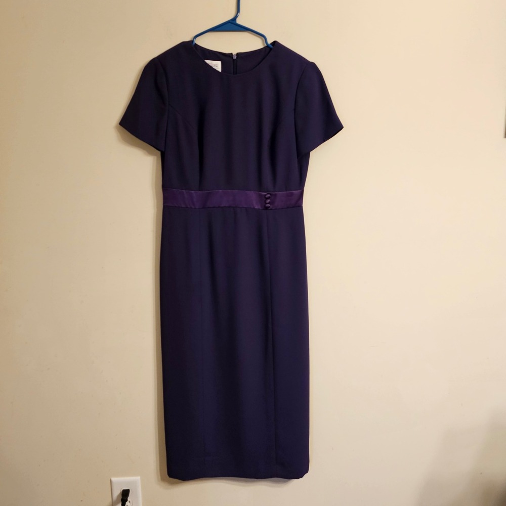 Talbots Sheath Dress 6P Purple Silk Trim Satin Waist Short Sleeve Sheath Vintage